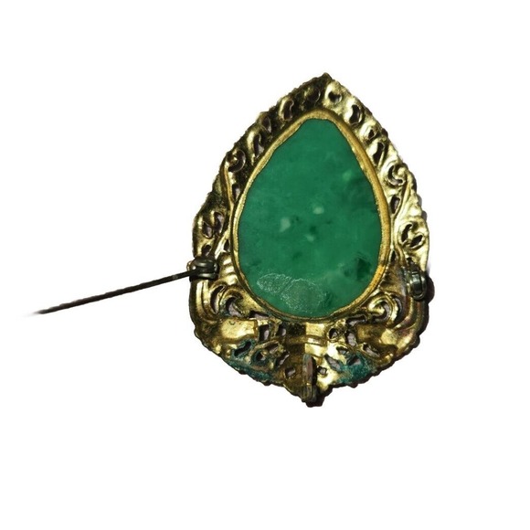 Vintage Chinese Carved Faux Jade Bird Brooch Pin Pendant Filigree - Picture 4 of 5